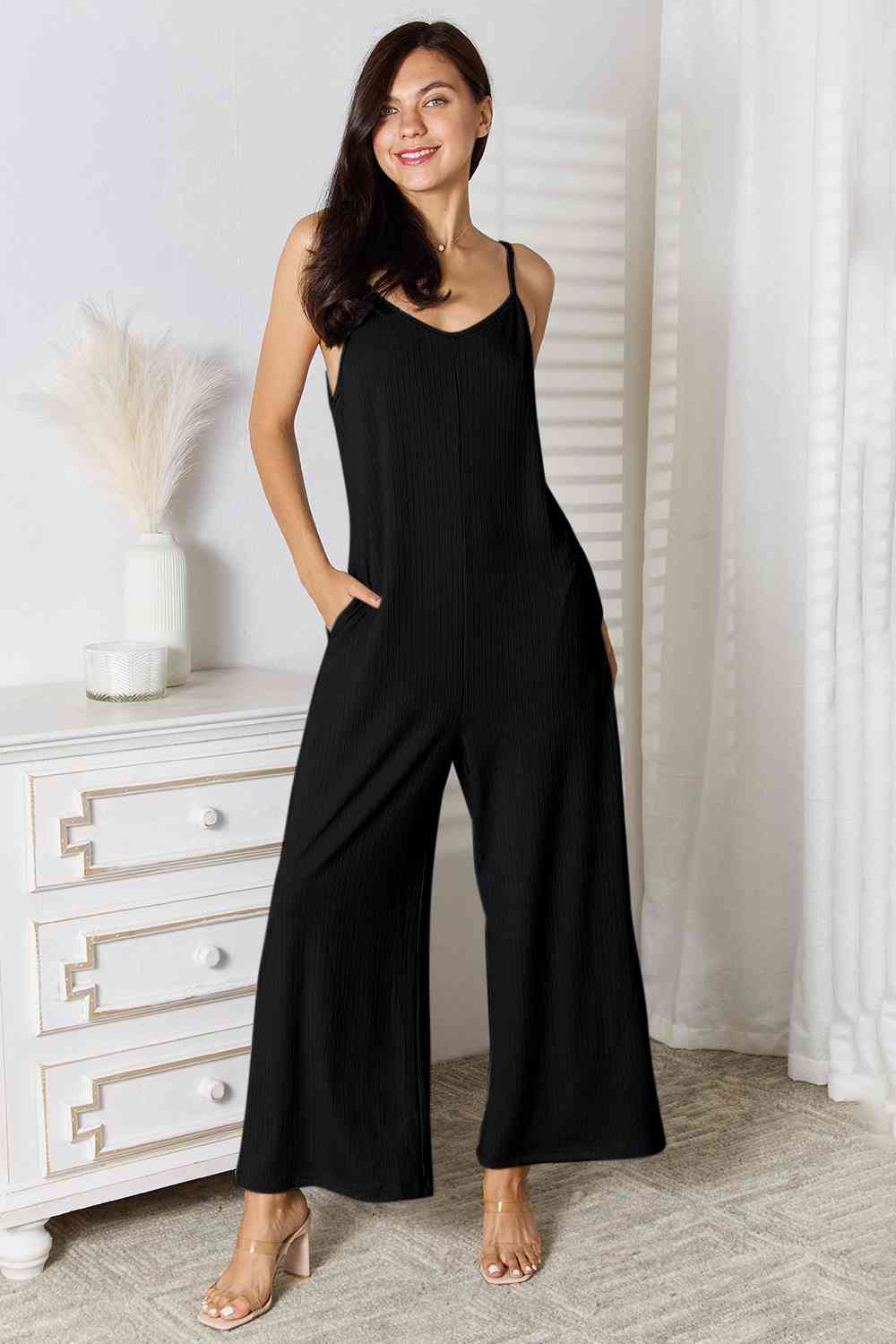 Spaghetti Strap V-Neck Jumpsuit with Pockets.