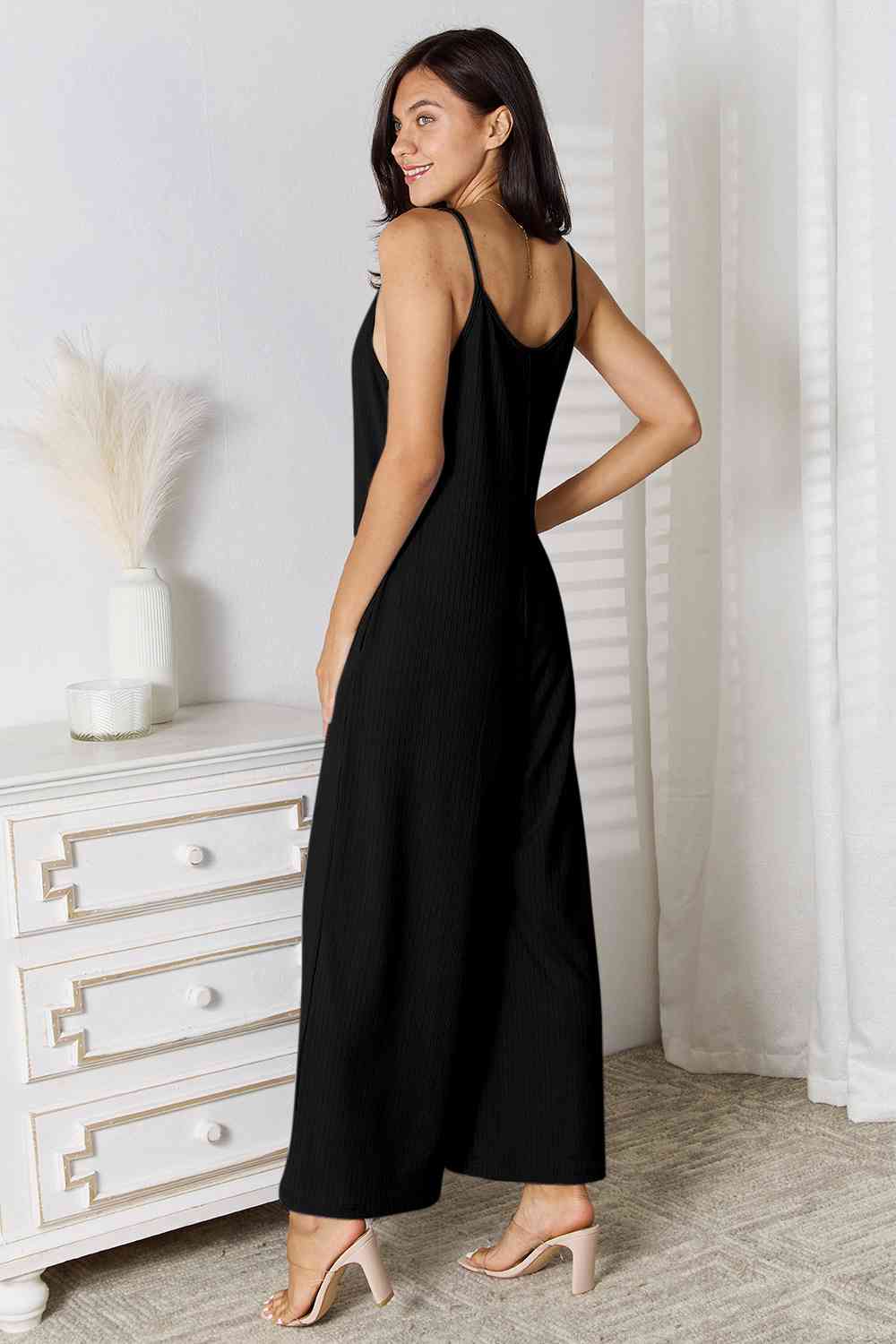 Spaghetti Strap V-Neck Jumpsuit with Pockets.