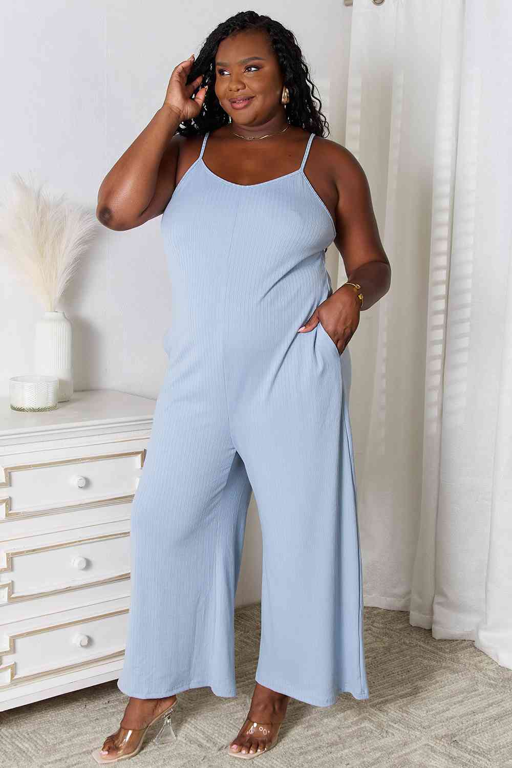 Spaghetti Strap V-Neck Jumpsuit with Pockets.