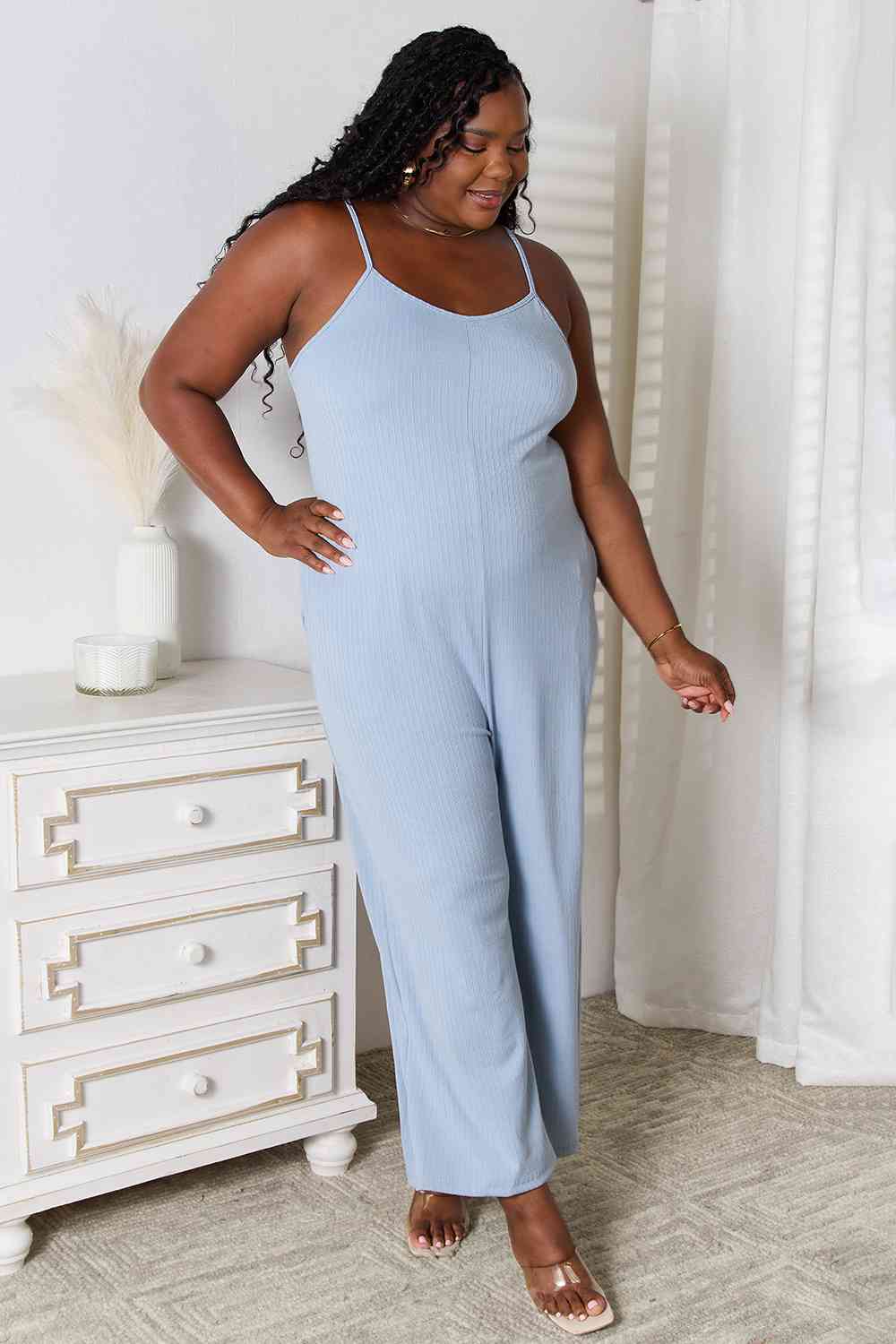 Spaghetti Strap V-Neck Jumpsuit with Pockets.