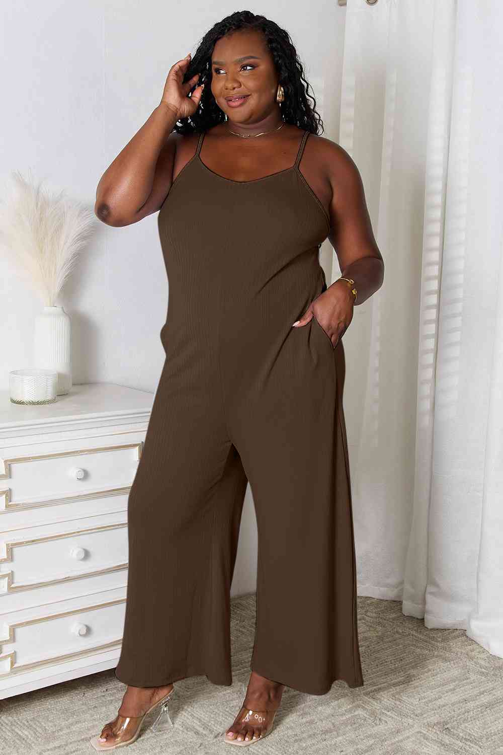 Spaghetti Strap V-Neck Jumpsuit with Pockets.