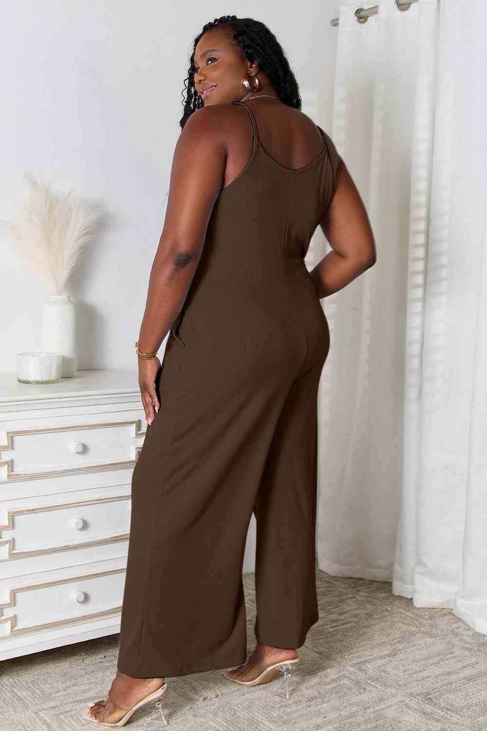 Spaghetti Strap V-Neck Jumpsuit with Pockets.