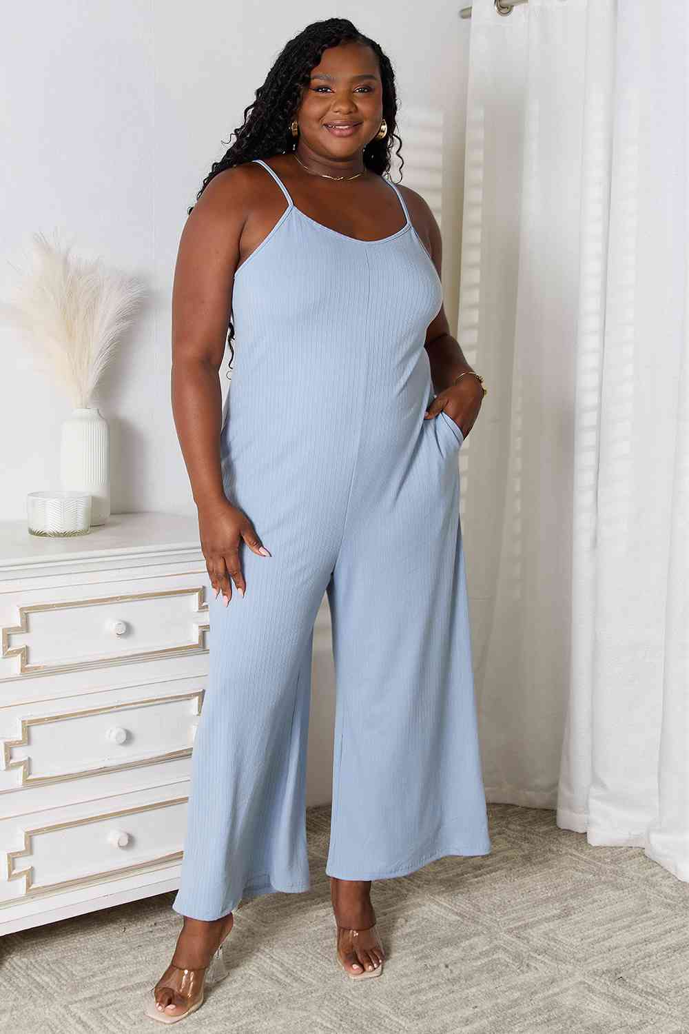 Textured Knotted Wide Strap Overalls with Pockets.