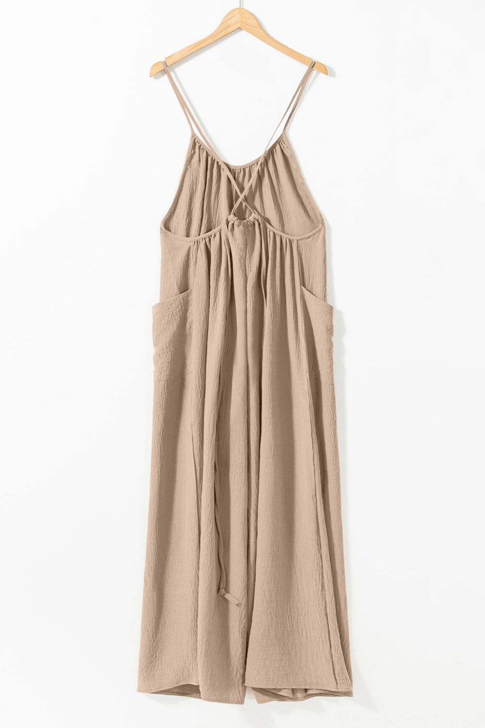 Spaghetti Strap Waist Tie Wide Leg Jumpsuit with Pockets.
