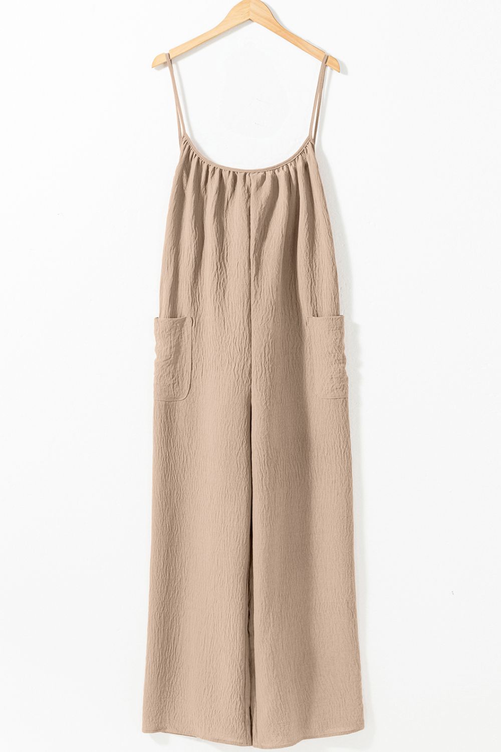 Spaghetti Strap Waist Tie Wide Leg Jumpsuit with Pockets.