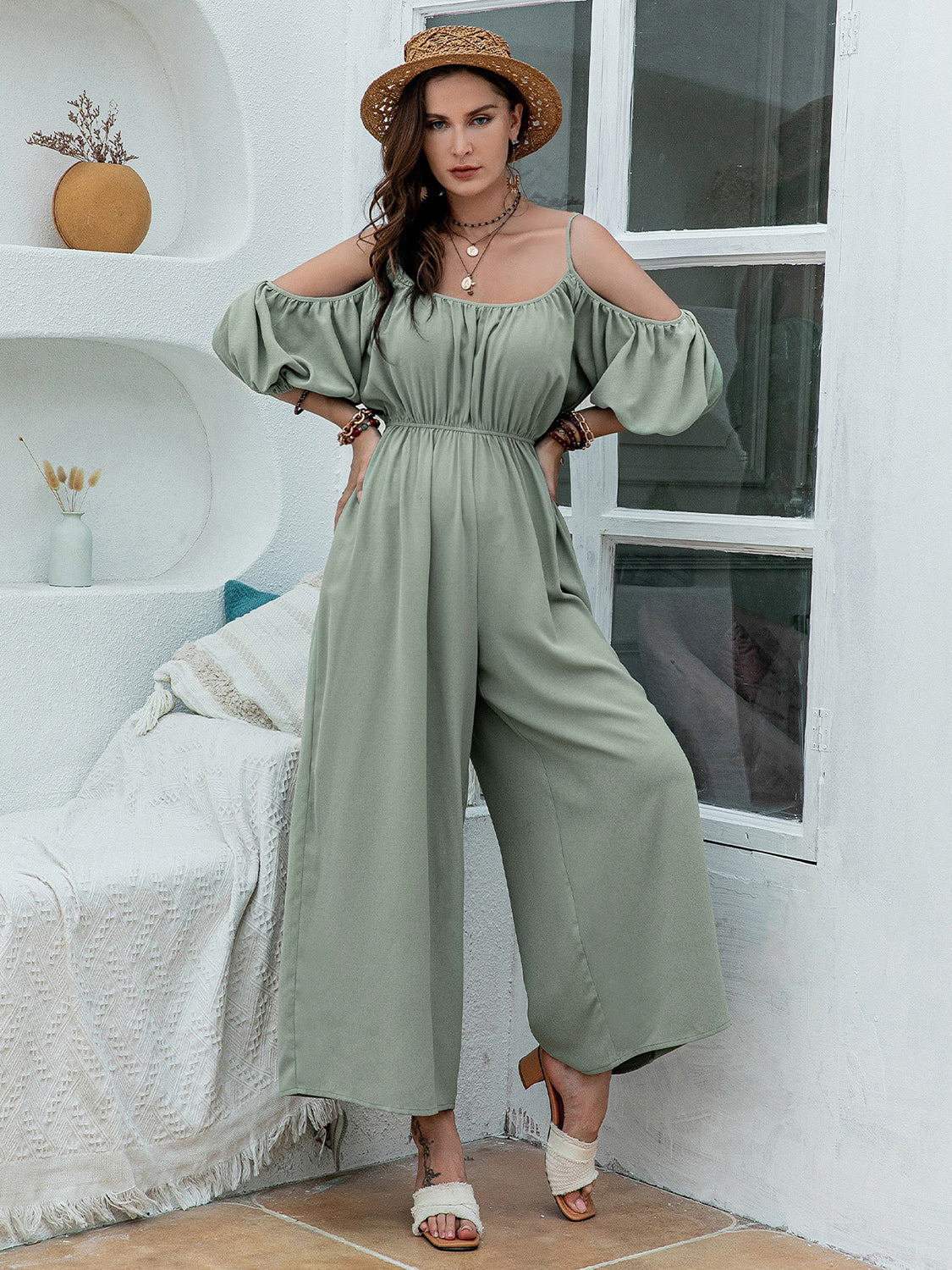 Spaghetti Strap Wide Leg Jumpsuit.