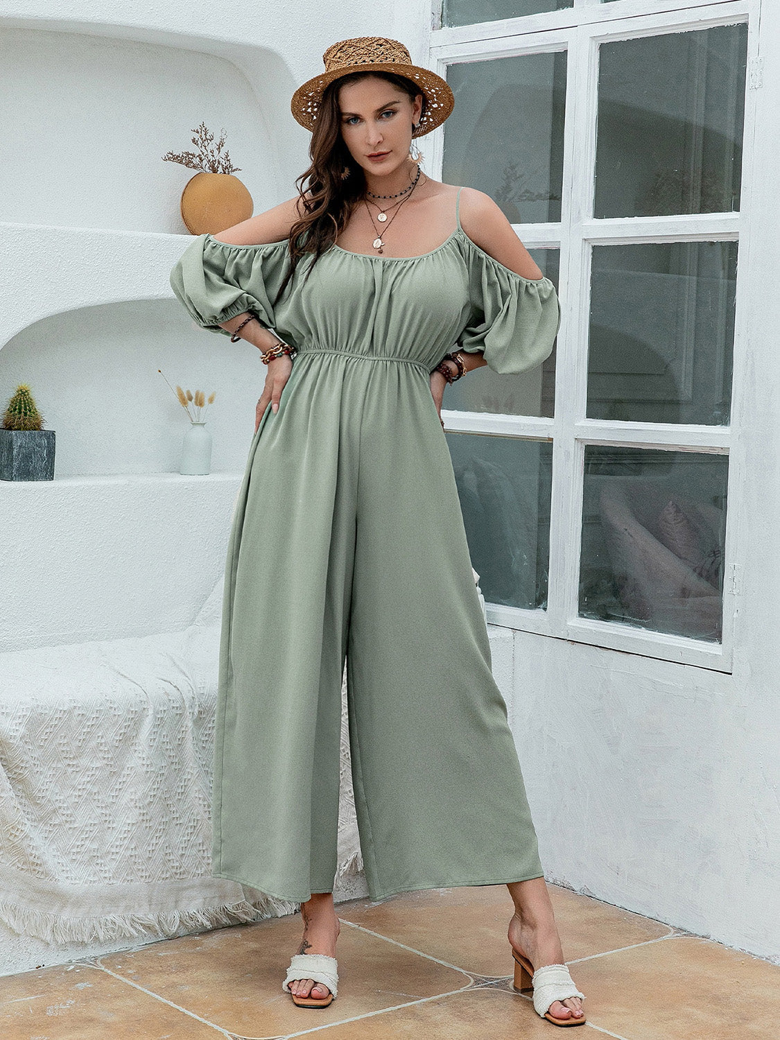 Floral Spaghetti Strap Scoop Neck Jumpsuit.