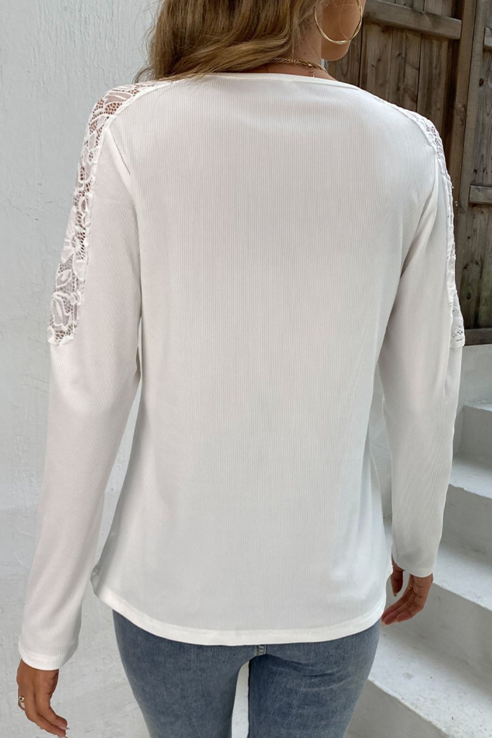 Shiny Spliced Lace Notched Neck Top.