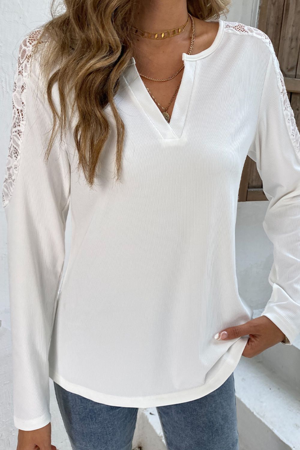 Shiny Spliced Lace Notched Neck Top.