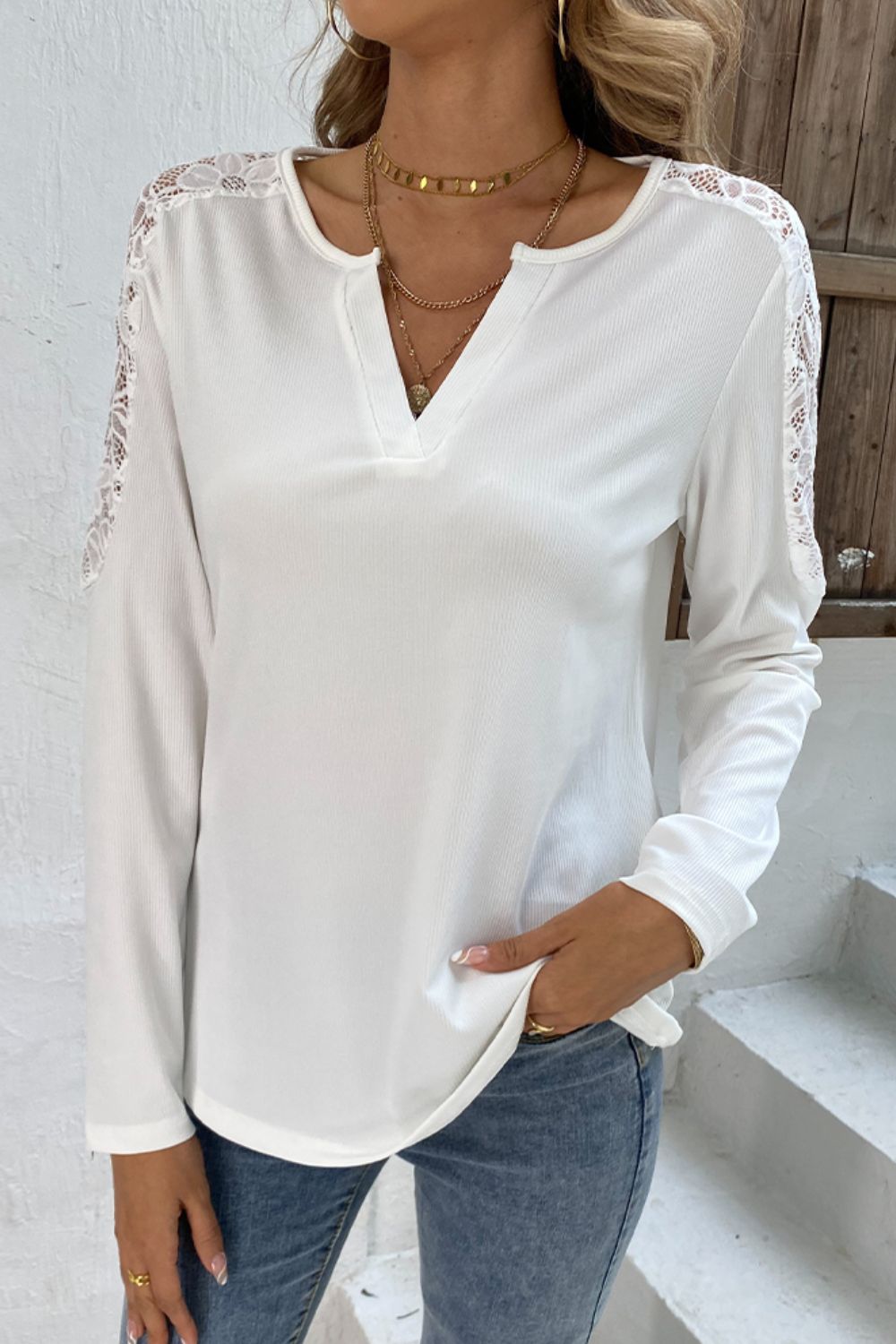 Shiny Spliced Lace Notched Neck Top.