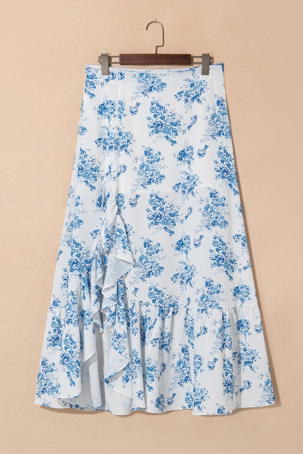 Split Asymmetrical Ruffled Printed Skirt.