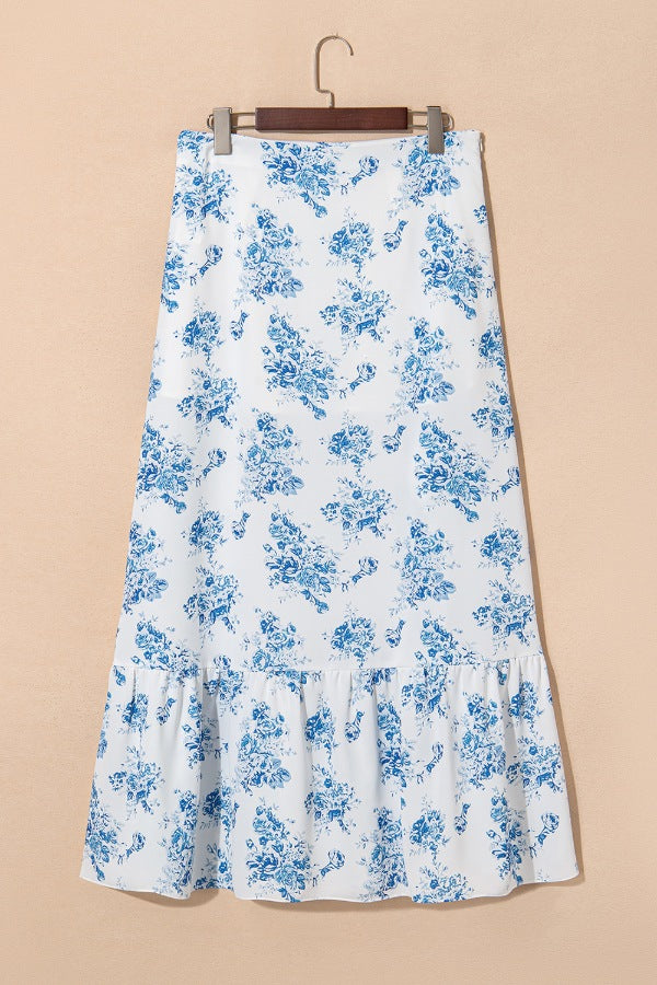 Split Asymmetrical Ruffled Printed Skirt.