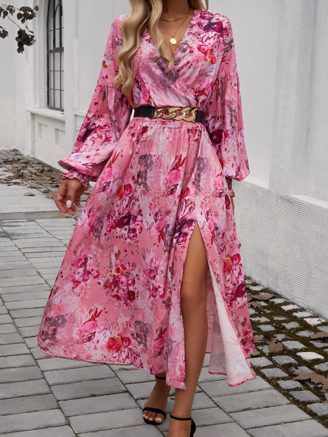 Devine Split Printed Surplice Long Sleeve Midi Dress.