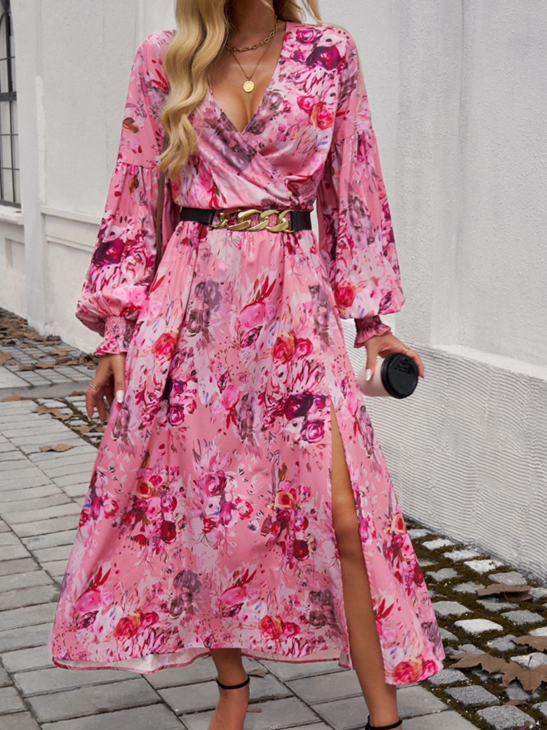 Devine Split Printed Surplice Long Sleeve Midi Dress.