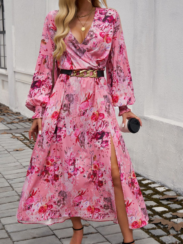 Devine Split Printed Surplice Long Sleeve Midi Dress.