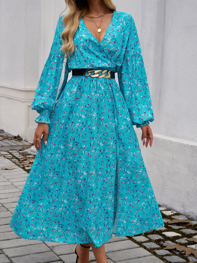 Devine Split Printed Surplice Long Sleeve Midi Dress.