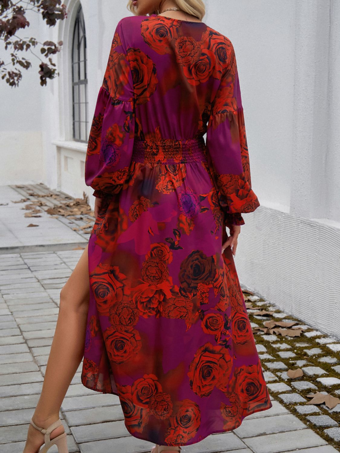 Devine Split Printed Surplice Long Sleeve Midi Dress.