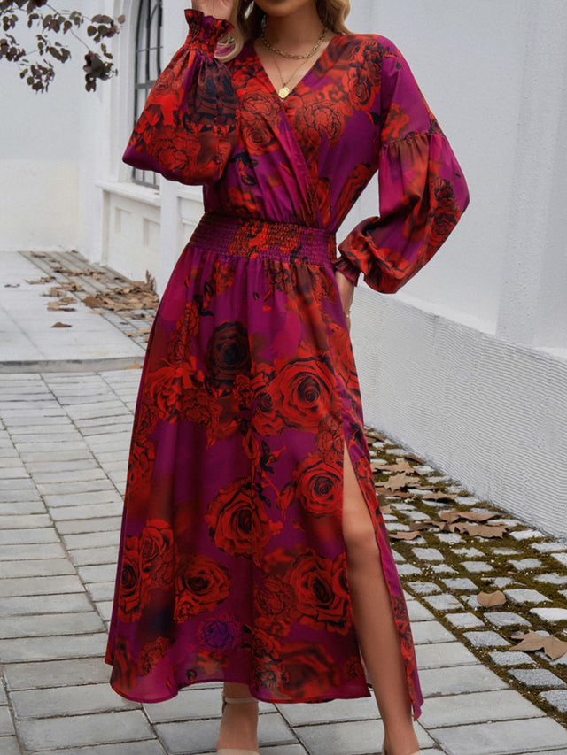 Devine Split Printed Surplice Long Sleeve Midi Dress.