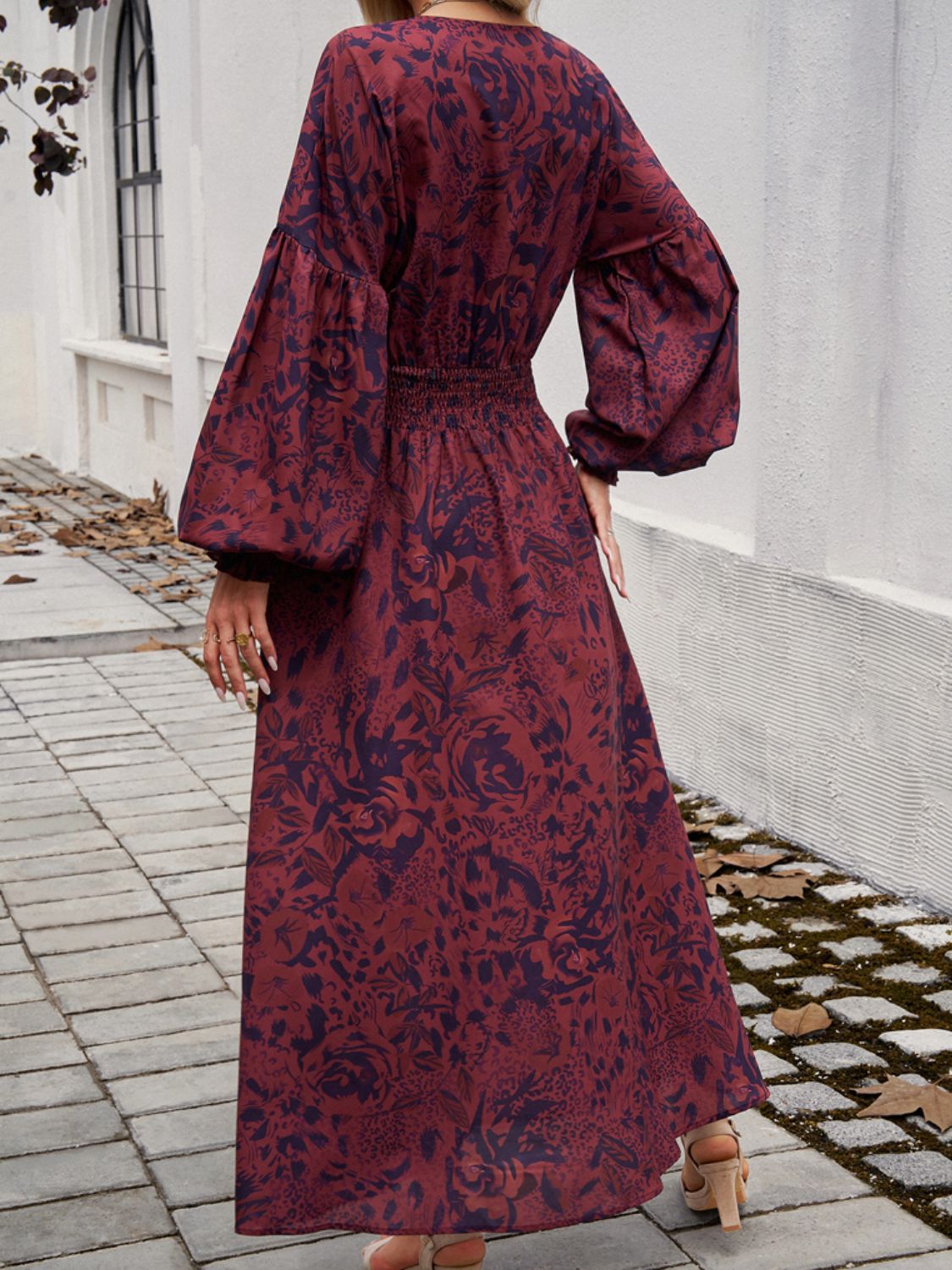 Devine Split Printed Surplice Long Sleeve Midi Dress.
