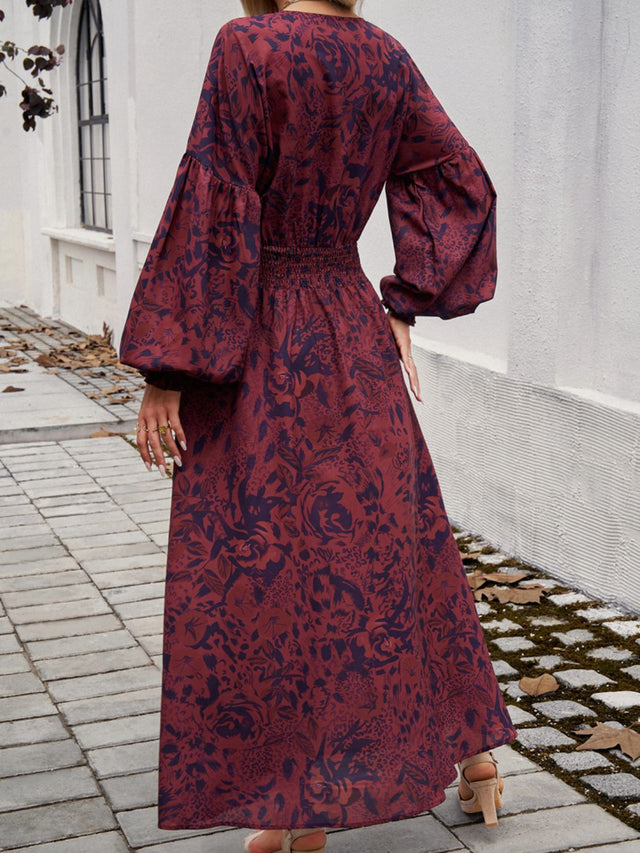 Devine Split Printed Surplice Long Sleeve Midi Dress.