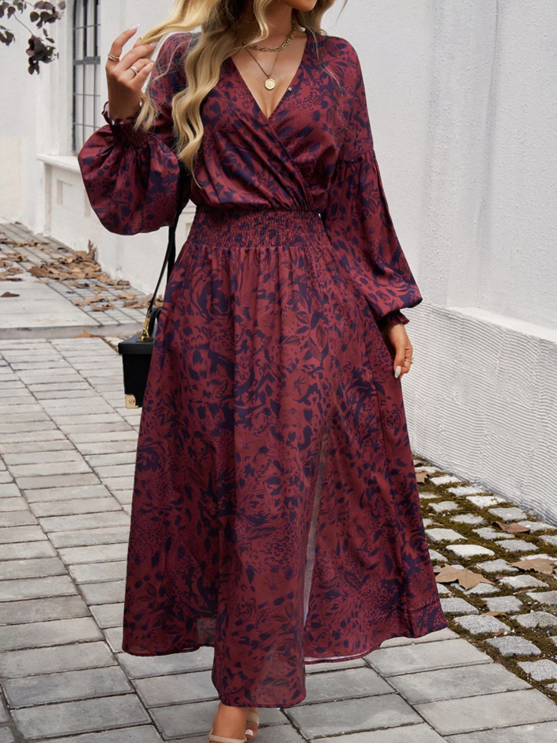 Devine Split Printed Surplice Long Sleeve Midi Dress.