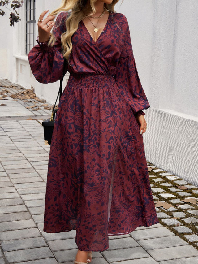 Devine Split Printed Surplice Long Sleeve Midi Dress.