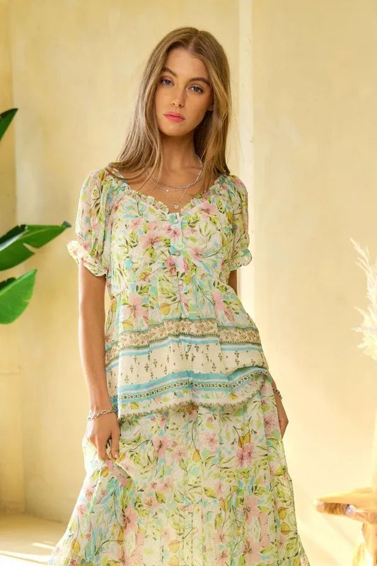 Davi Dani Spring Floral Border Print Ruffled Textured Top.
