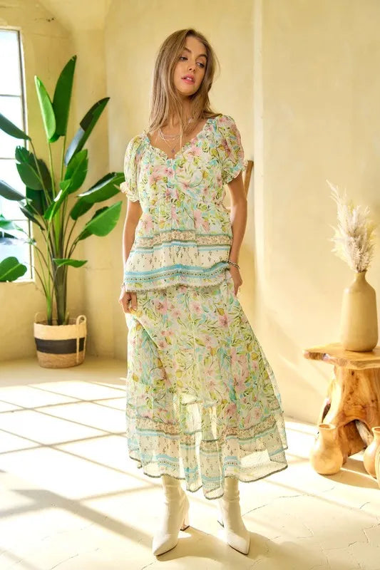 Davi Dani Spring Floral Border Print Ruffled Textured Top.