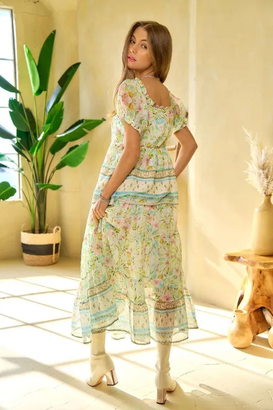 Davi Dani Spring Floral Border Print Ruffled Textured Top.
