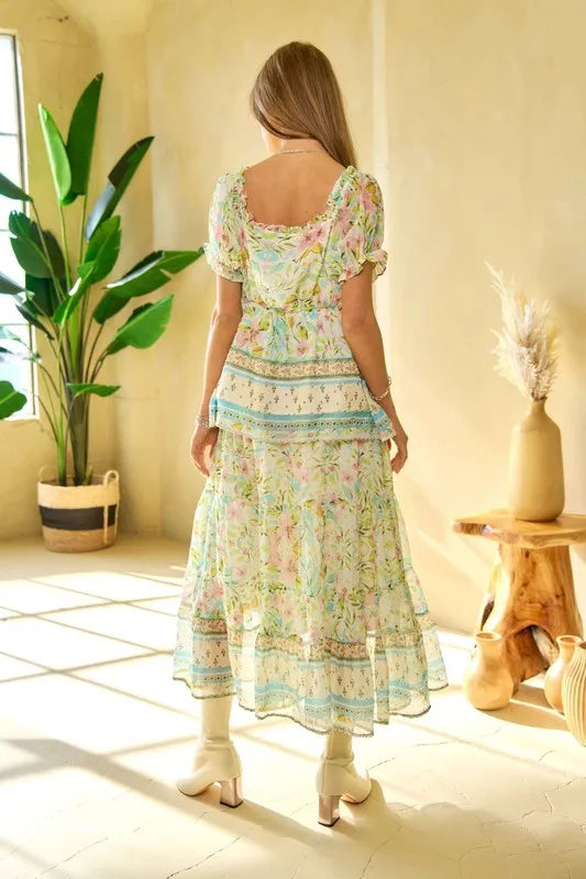 Davi Dani Spring Floral Border Print Ruffled Textured Top.