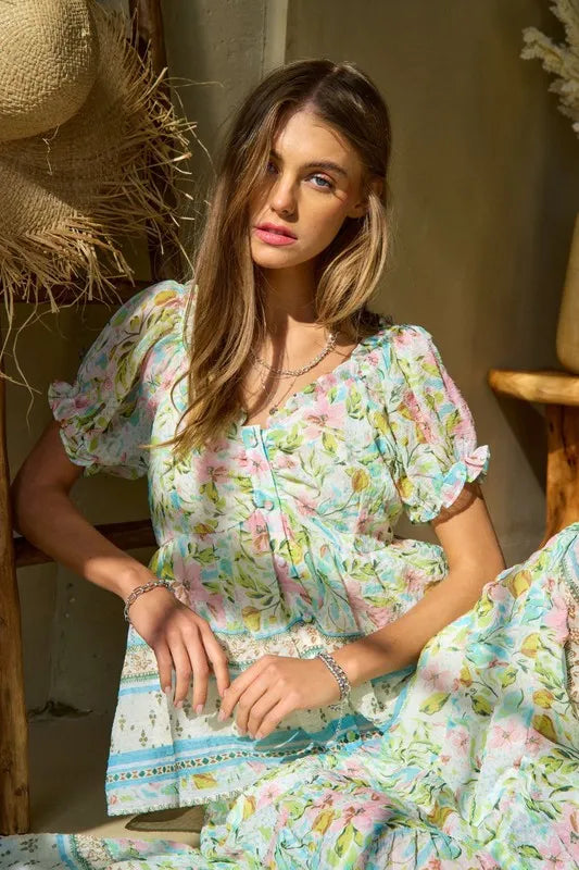 Davi Dani Spring Floral Border Print Ruffled Textured Top.