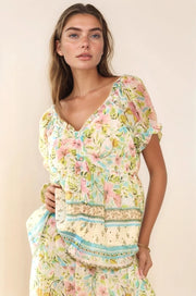 Davi Dani Spring Floral Border Print Ruffled Textured Top.