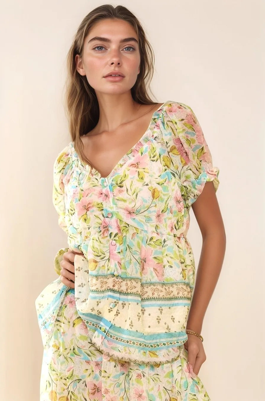 Davi Dani Spring Floral Border Print Ruffled Textured Top.
