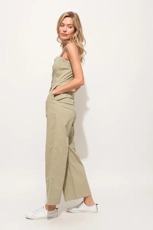 Square Neck Button Down Cropped Wide Leg Jumpsuit
