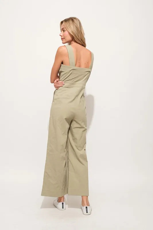 Square Neck Button Down Cropped Wide Leg Jumpsuit