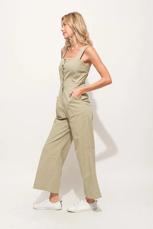 Square Neck Button Down Cropped Wide Leg Jumpsuit