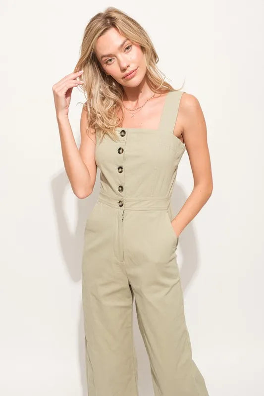 Square Neck Button Down Cropped Wide Leg Jumpsuit
