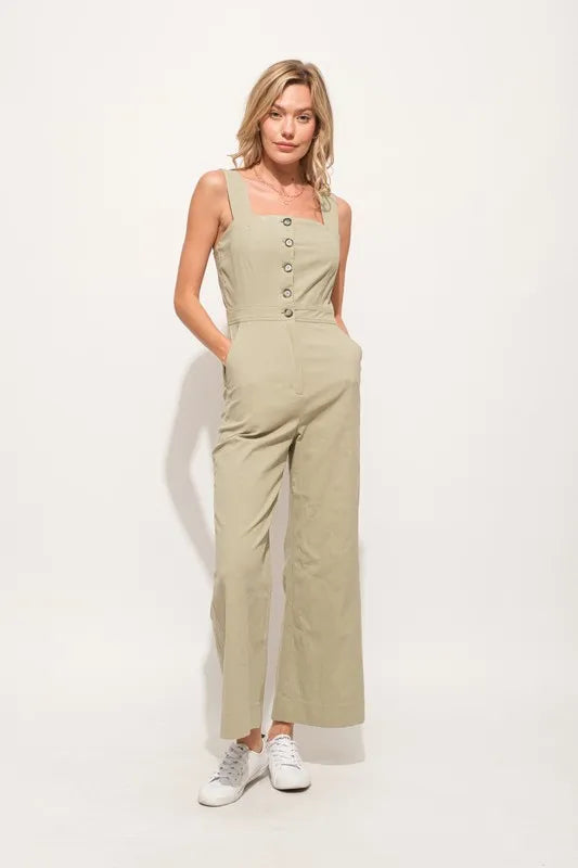 Square Neck Button Down Cropped Wide Leg Jumpsuit