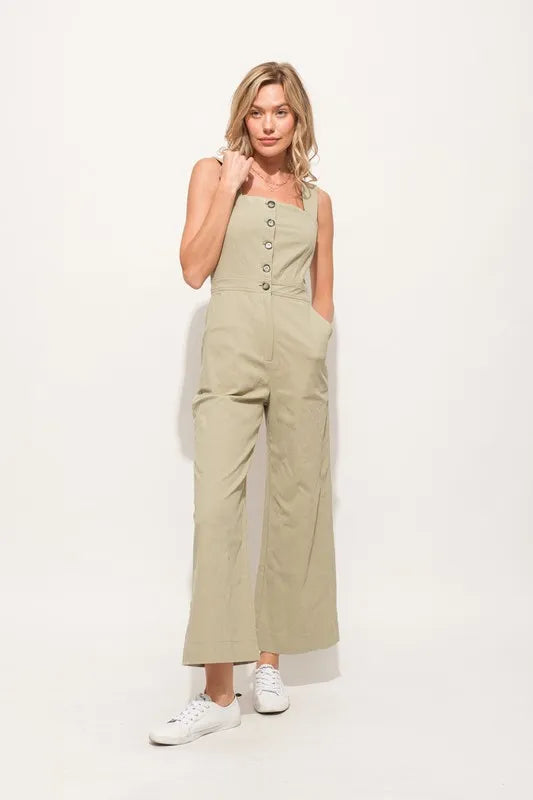 Square Neck Button Down Cropped Wide Leg Jumpsuit