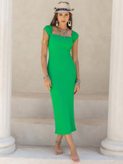 Square Neck Cap Sleeve Midi Dress.