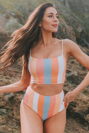 Striped square neck color block swim set with high-waist bottoms.