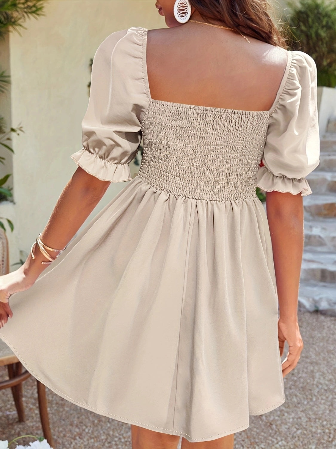 Square Neck Flounce Sleeve Mini Dress.