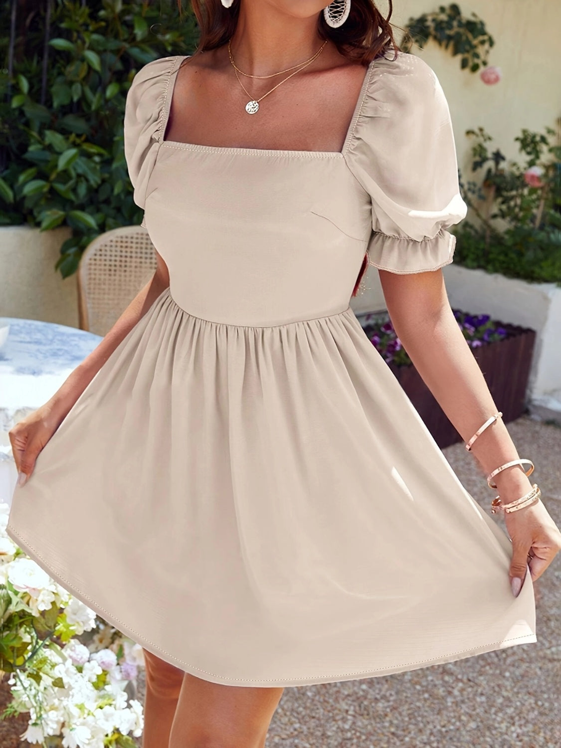 Square Neck Flounce Sleeve Mini Dress.