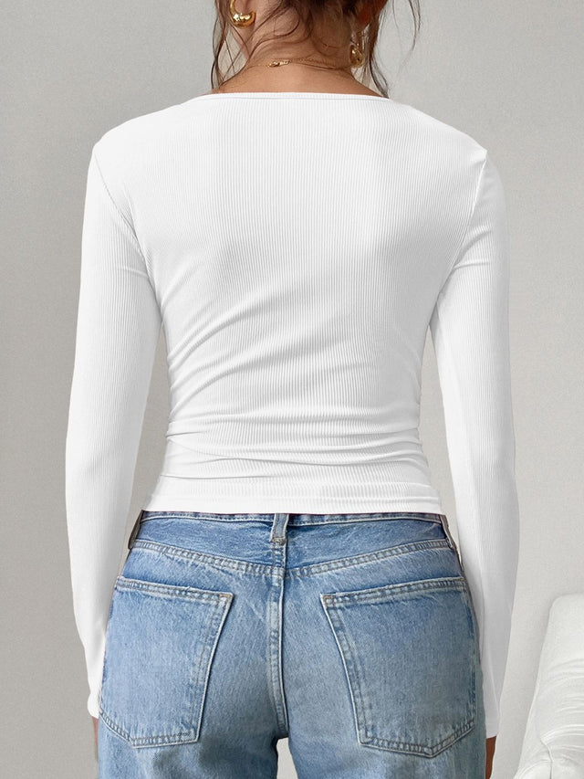 Square Neck Half Snap Long Sleeve T-Shirt