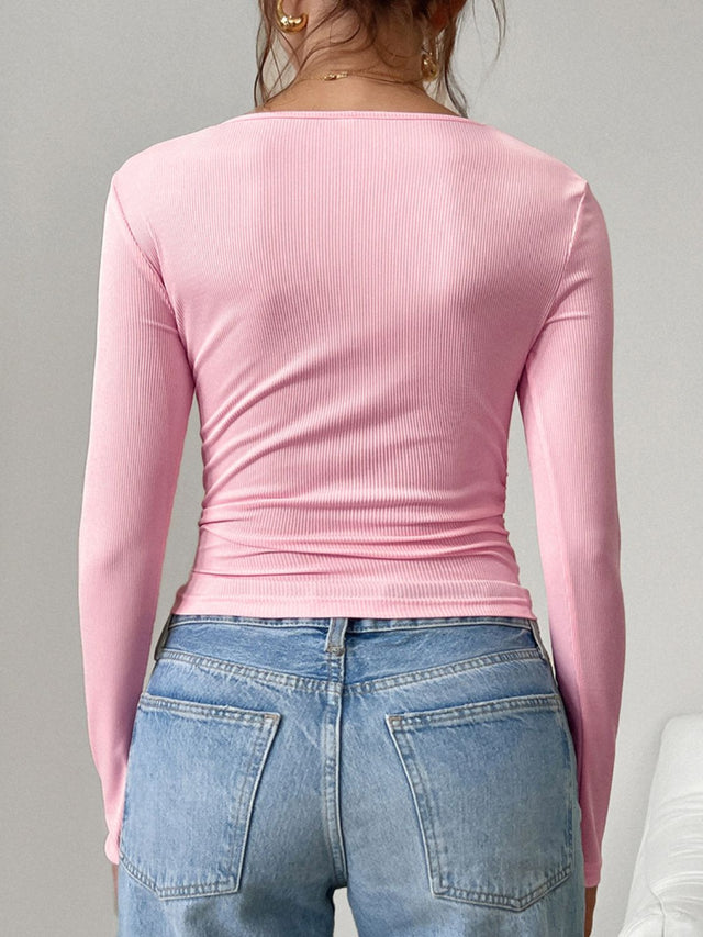 Square Neck Half Snap Long Sleeve T-Shirt