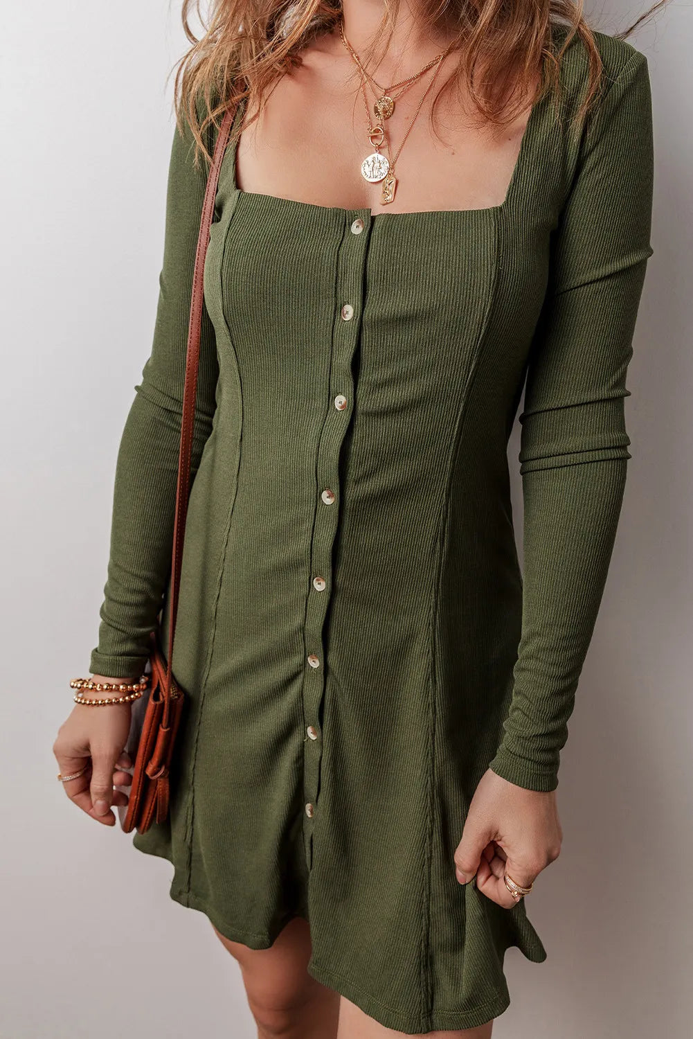 Square Neck Long Sleeve Mini Dress.