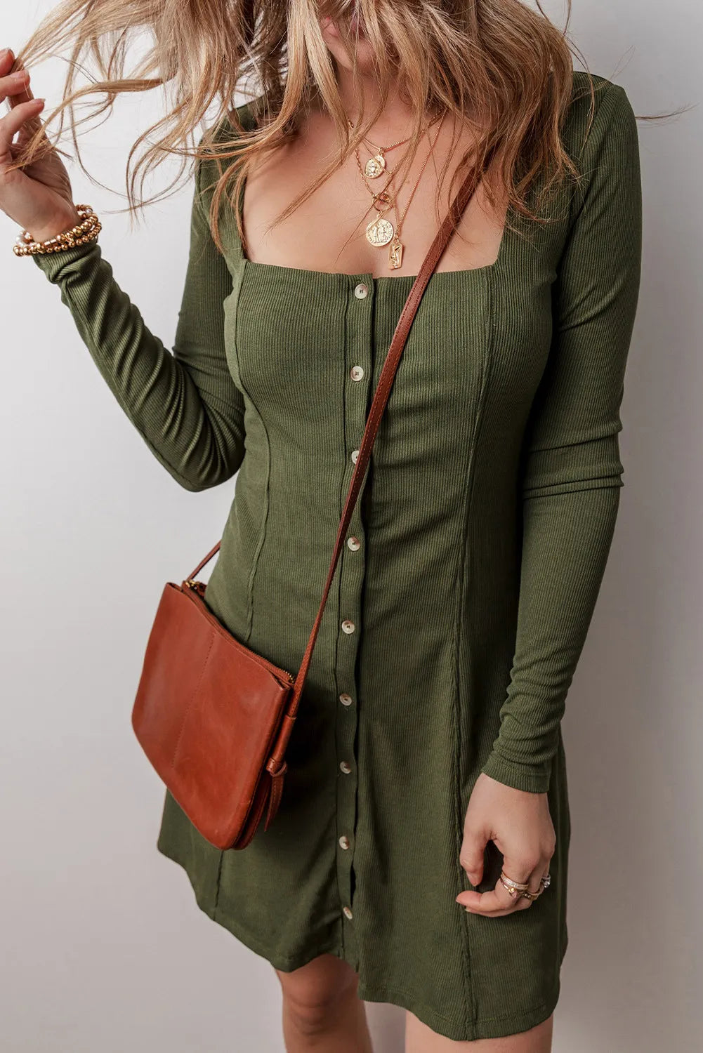 Square Neck Long Sleeve Mini Dress.