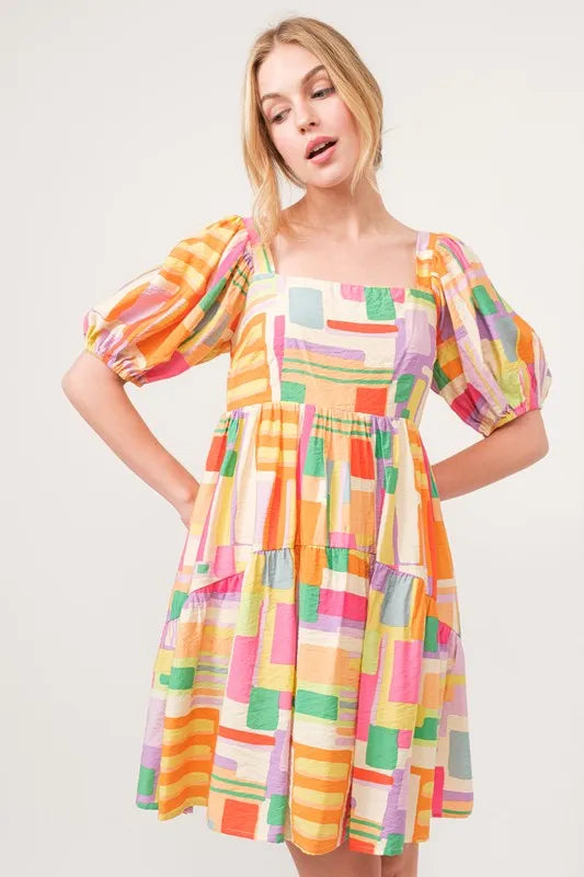 And The Why Square Neck Puff Sleeve Geo Printed Mini Dress.