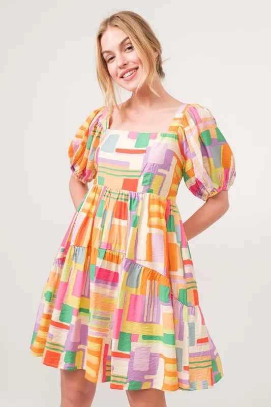 And The Why Square Neck Puff Sleeve Geo Printed Mini Dress.