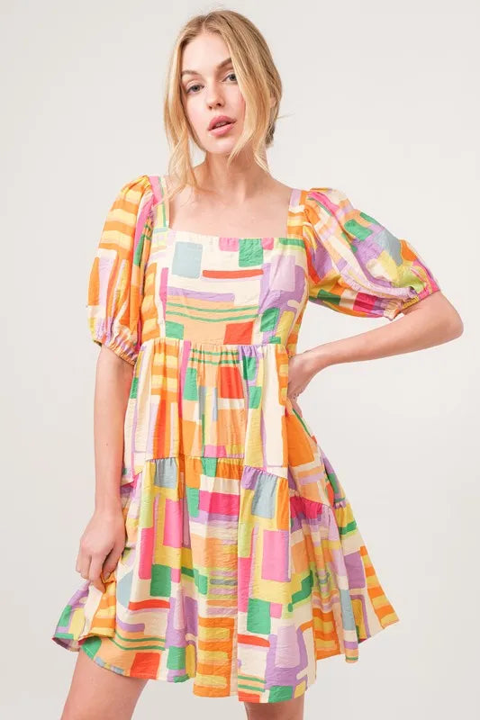 And The Why Square Neck Puff Sleeve Geo Printed Mini Dress.